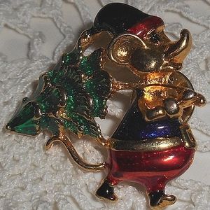 Vintage Mouse Brooch Hauling Christmas Tree Enamel